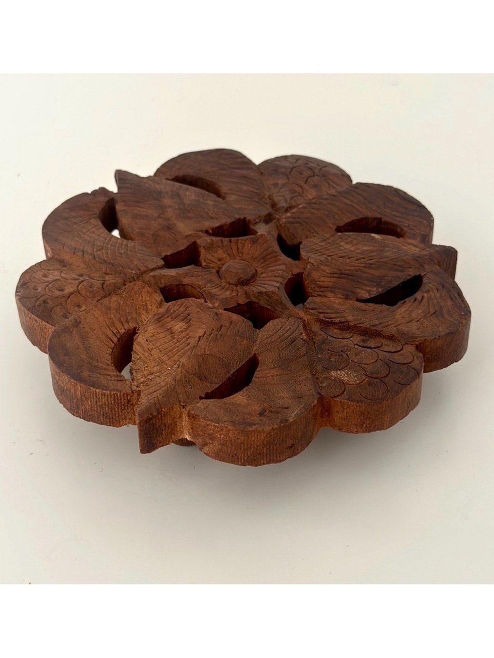 Vintage Handcarved Floral Wood Trivet Plant Riser Pedestal Base Coaster